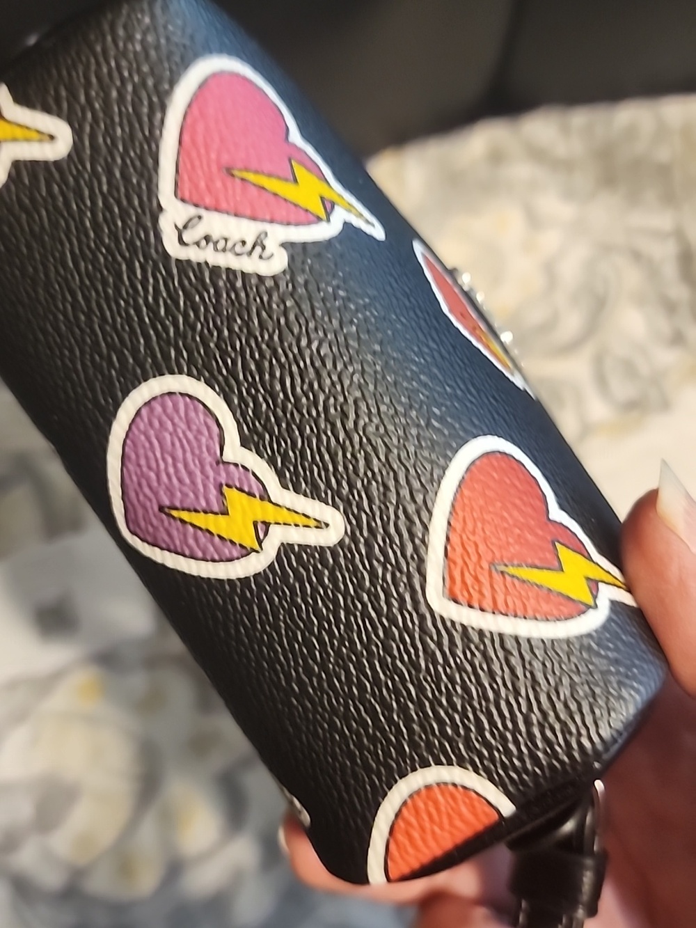 Coach Black Leather Wristlet with Lightning Heart Patches - Picture 4 of 6